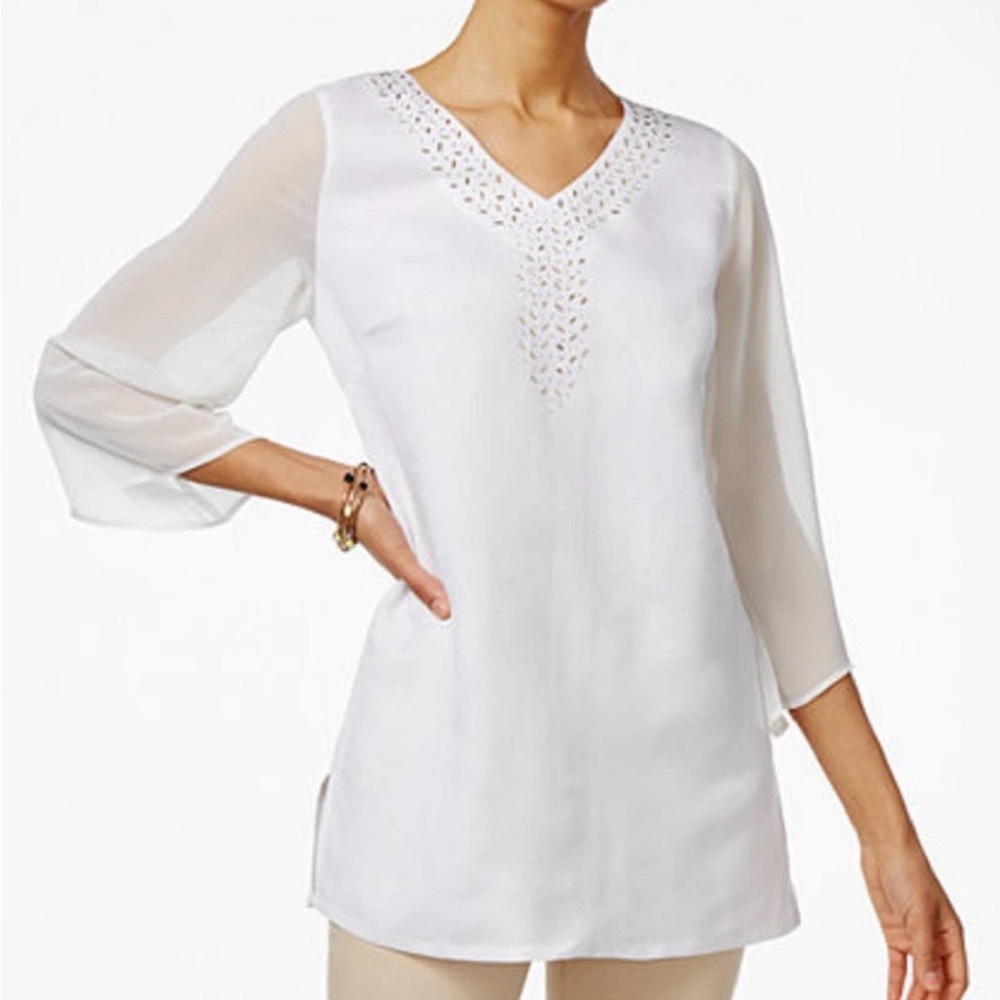 JM Collection Women's White Linen Blend Top transparent sleeve side Vent XXL